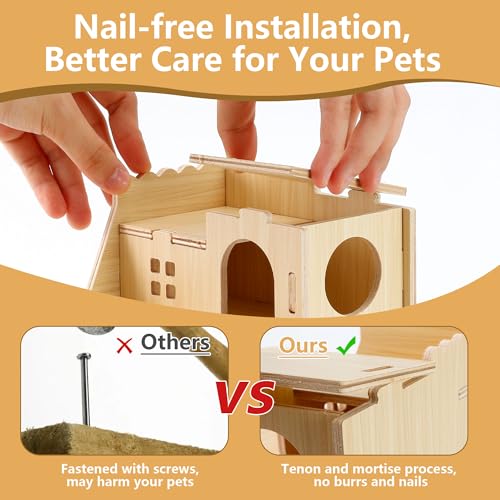 Wooden Hamster Hideout Cage Accessories, Guinea Pig House and Seesaw | Double-Decker Hide Hut with Slide, Hamster Chew Toys for Pet Rats, Hamster Platform for Dwarf Gerbils, Two-Story