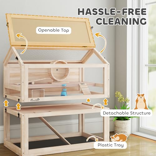 PawHut Wooden Hamster Cage for Small Gerbil, Mice 30" x 18" x 30" | 3-Tier Small Animal Cage, Hut, Seesaw, Ramps, Exercise Wheel, Acrylic Panel, Bottom Tray, Dwarf Hamster Habitat