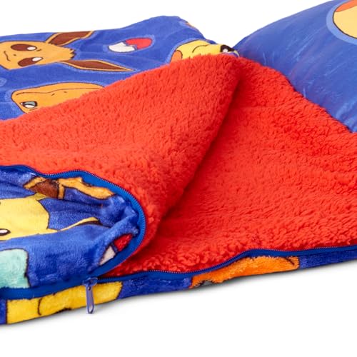 Silk Touch Sherpa Slumber Bag for Boys and Girls, Sleeping Bag with Zipper, Sleepover Set, 27 x 56 inches - color: Pokemon Bring the Battle w/ Pillow