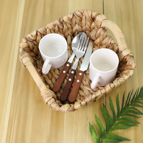 Square Small Water Hyacinth Wicker Basket for Organizing | Decor Woven Storage with Wooden Handles, Perfect for Shelves, Snack, Countertops or as Gift Basket