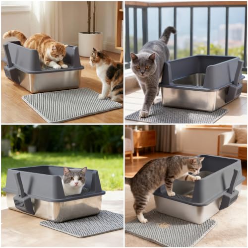 Stainless Steel Litter Box with Lid,XL Extra Metal Cat Litter Box | Large Litter Boxes for Big Cats,Metal Kitty Litter Boxes with Anti-Leakage, High Sides,Easy to Clean,Scoop & Mat Included - color: 573713Gray