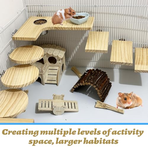 8 Pcs Wooden Hamster Cage Platform Set Wood Juvenile Chinchilla Shelves, Squirrel L-Shape Corner Ledge with Hole Cooling Standing Board Rat Cage Accessories for Gerbil Small Animal Climbing - size: 8PCS