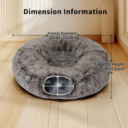 Cat Tunnel Bed for Indoor Cats with Washable Cushion Cat Cave Donut Tunnel with Fluffy Ball Big Round Tube Pet Playground Toys Soft Plush Peekaboo for Kitten, Cat, Puppy, Rabbit, Ferret（Brown） - color: Brown