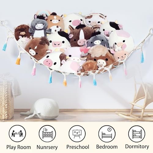 Stuffed Animal Net or Hammock with Light,Yewiwin Macrame Hanging Net Hammock for Stuffed Animal Toy Storage Organizer Boho Decor Room Holder for Nursery Play Room Bedroom (Beige(55"*55"*72")) - color: Beige(55"*55"*72")