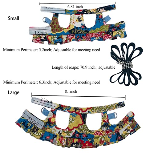 Squirrel Harness and Leash Set, Adjustable Flora Blue Printing, for Ferret, Squirrel, Dwarf Chinchilla, Guinea Pig, Fancy Rat - size: Large