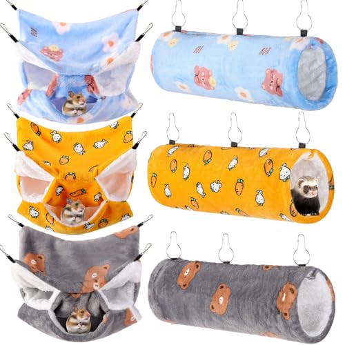 6 Pcs Rat Hammock Set Ferret Hanging Tunnel 3 Tier Guinea Pig Hammocks Hideout Soft Chinchilla Bed for Cage Accessories Hide,Play and Sleep (Sun,Bear) - color: Sun
