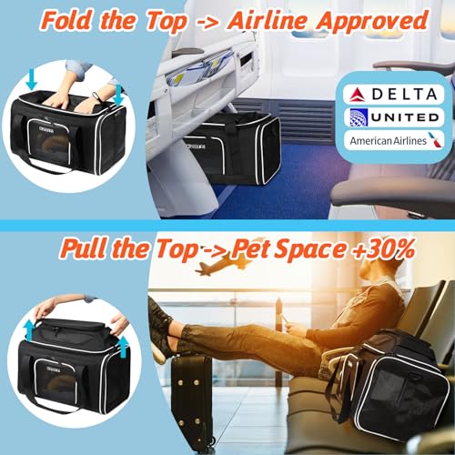 Top-Expandable Small Pet Carrier 18"x11"x11" Airline Approved | for Delta/American/United Airlines, Lockable Safety Zippers and Anti-Scratch Mesh, Soft-Sided, Pets Under 10 Lbs, Black - color: Black, size: 18.0"L x 11.0"W x 11.0"H