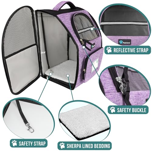 PetAmi Dog Backpack Carrier Airline Approved Cat Pet Puppy Bag, Purple | Ideal for Small Medium Large Pet up to 18 lb, 2 Side Entry Structured No-Collapse Frame, Ventilated Bookbag for Hiking Travel - color: Heather Purple