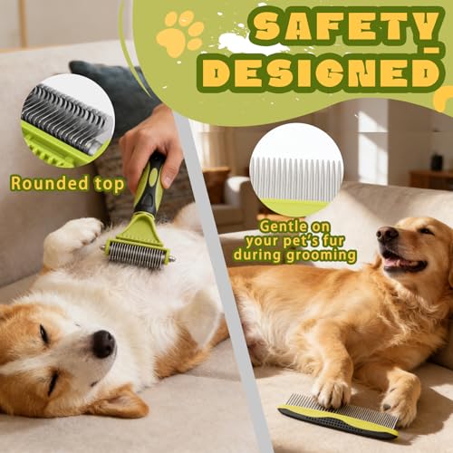 2-in-1 Pet Grooming Brush & Undercoat Rake, Double-Sided Hurtless Dematting Comb for Dogs & Cats, Universal Detangling, Shedding & Slicker Brush, Pet Grooming Tool for Removing Old Hair (Green)