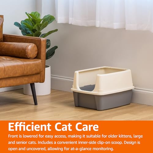 Amazon Basics Large Cat Litter Box with High Sides, Open Top for Easy Access, Includes Scoop with Storage, 19" x 15" x 11.75", Grey/Beige - color: Grey/Beige, style: Open Top