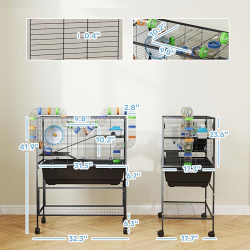 PawHut Large Hamster Cage with Deep Tray, 3 Tier for Syrian Gerbil Mouse | Rolling Rat Cage, Storage Shelf, Big Exercise Wheel, Tube System, Hut, Platforms, Ramps, Food Dish, Water Bottle - size: 32.3"L x 17.7"W x 41.9"H
