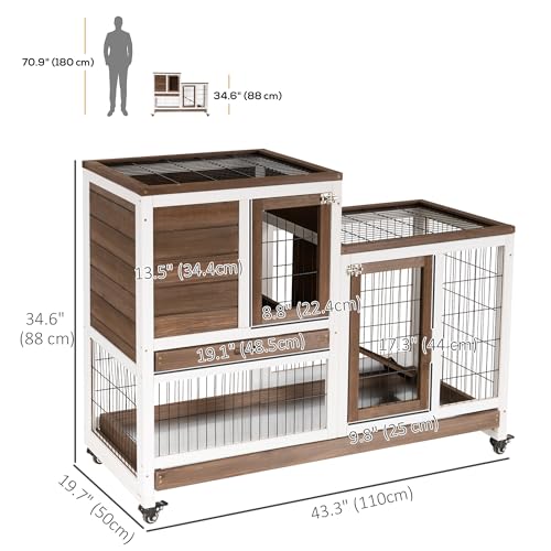 PawHut Wooden Rabbit Hutch Elevated Bunny Cage Indoor Small Animal Habitat with Enclosed Run with Wheels, Ramp, Removable Tray Ideal for Guinea Pigs, Brown | Small Animal Habitat, Enclosed Run, Wheels, Ramp, Removable Tray - color: Brown