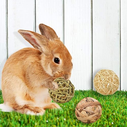 SunGrow 3 Pack Rabbit Chew Ball, Assorted Grass Teething Toy for Small Pocket Pet, Dental Wear Support, Boredom Relief Activity, Safe Woven Treat Enrichment for Bunny Guinea Pig Hamster Rat