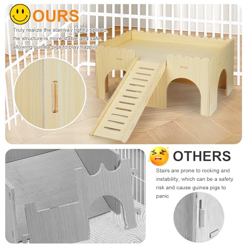 Large Wooden Guinea Pig Hideout with Ramp & 4 Cave Entrances for Small Pets | Easy Assembly, Easy-Clean Surface, Spacious Design, Anti-Slip Ramp, Quality Wood