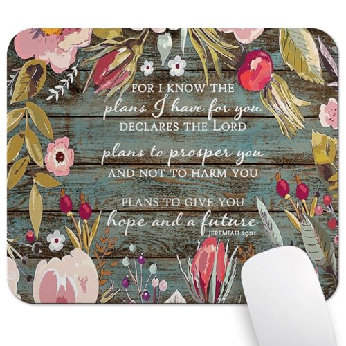 for I Know The Plans I Have for You Mouse Pad, Rustic Wood Floral Desk Mat | Jeremiah 29:11 Religious, Christian Bible Verse Scripture, Inspirational Quote, Motivational, Rustic Teal, 9.5"x 7.9" - color: Bean Green