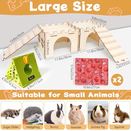 2PCS Guinea Pig Hideout,Large Wooden Guinea Pigs House with Stairs and Mats,Detachable Guinea Pig Castle Hide for Small Animals Hamster Chinchilla Ferret Habitats Accessories - size: 2 Houses