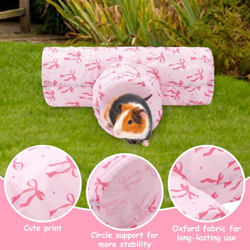 JarThenaAMCS Guinea Pig Tunnel 3 Way Washable Guinea Pig Hideout Pink Bow Foldable Rabbit Tunnel Small Animal Toy for Bunny Hamster Chinchilla Ferret Accessory
