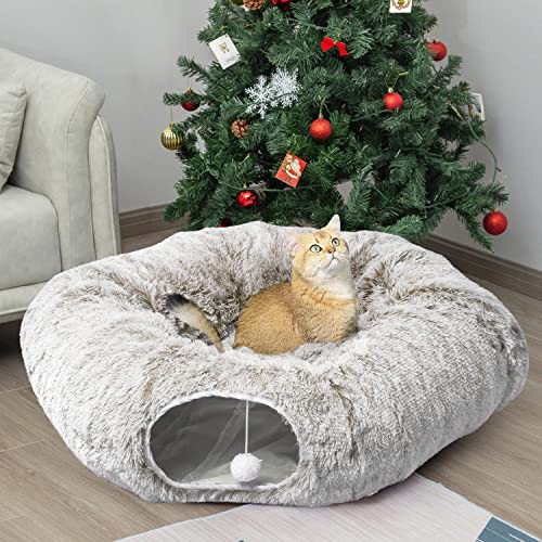 AUOON Plush Cat Tunnel Bed for Indoor Cats, 36" L x 36" W x 11.5" H, Khaki | 2 in-1 Interactive Cat Toy, with Hanging Ball Toy, Machine Washable Center Pad, for Kitten Puppy Rabbit Ferret - color: Khaki