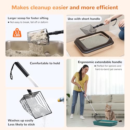 Metal Cat Litter Scoop with Holder, 43" Extendable Long Handle Cat Scooper for Litter Box, Solid & Durable, Deep Shovel for Fast Sifting, Large Pet Pooper Scooper for Kitty/Outside Dog Poop - size: Long Handle