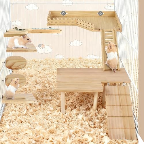 Wooden Hamster Cage Platform, Chinchilla Ledges, Activity Playground Habitat Decor, Hamster Cage Accessories for Dwarf Syrian Guinea Pigs Gerbil Rat Mice or Small Pets