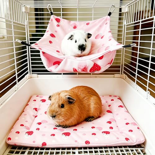 SEIS 2PCS Cooling Small Pet Hammock & Mat Set, Ice Silk Summer Cage Hanging Bed for Guinea Pig Hamster Chinchilla Rabbit, Cute Strawberry Lemon Print Breathable Pet Rest Bed (Pink) - color: Pink