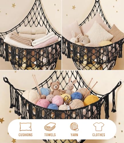 Lare Stuffed Animal Storage Hammock Corner Net - 45" W x 45" H (Black) | Cotton Boho Plushie Net - Room Christmas Decor for Teen Girls, Nursery Bedroom Playroom Dorm Decor (Patent Protected) - color: Black