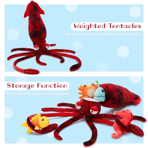 Giant Squid Stuffed Animal with 4 Sea Animal Plush, Red, 41.3" | 5Pcs Squid Plush Toy: Crab, Seahorse, Clownfish & Anglerfish; Zipper Head Storage; Weighted Tentacles; Birthday Gift for Kids - style: Squid Red