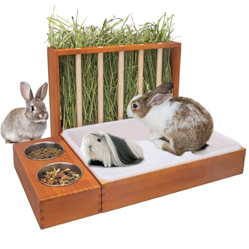 BESNEW 3-in-1 Rabbit Hay Feeder with Litter Box,Upgraded Rot Resistant Rreatment Wooden Hay Feeder with 2 Bowls & Litter Box for Guinea Pigs,Chinchillas,Rabbits & Other Small Animals,Waste Prevention - color: Coffee 1, size: 15.7in Style1