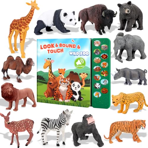 Tudoccy Safari Animals Figures Toys with Sound Book,Zoo Animal for Kids | Realistic Wild Plastic Animal Figurines- Educational Learning Toys Gift Playset for 3+ year old Boys Girls Toddlers