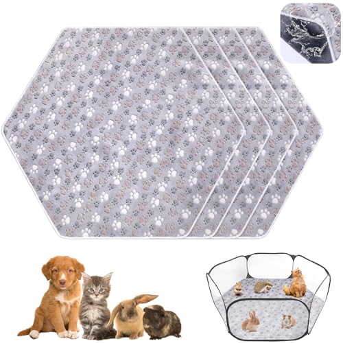 Preboun 4 Pcs 47 in Guinea Pig Playpen Pad Waterproof Hexagon Mat Reusable Dog Playpen Liner for Small Animal Rabbit Cage Tent Pee Pad Washable Yard Fence(Gray Paw)