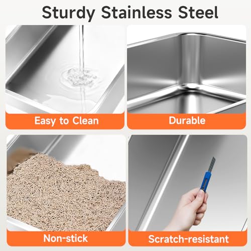 Stainless Steel Cat Litter Box Low Entry Litter Pan Include Scoop | Odor Free Metal High Sides Lid Open Top Easy Cleaning Anti-Scratc Anti-Urine Leakage Non-Sticky - color: Dark Grey S
