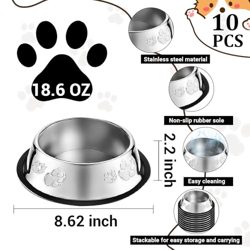 10 Pcs Stainless Steel Dog Bowl Pet Feeding Bowl with Rubber Base Non-Slip Pet Dishes Metal Dog Bowls Pet Food and Water Bowls for Small Medium Animals Kitten Rabbit (18.6 oz) - size: 18.6 oz