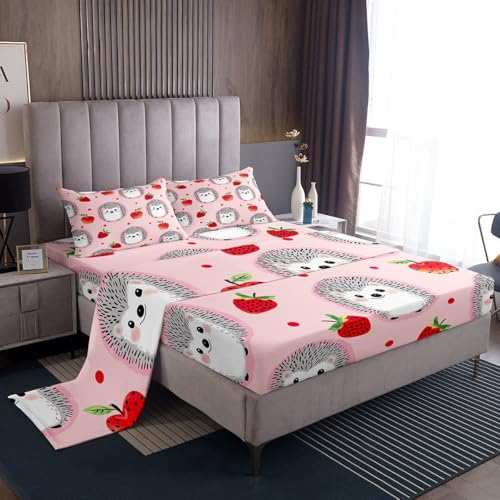 Erosebridal Kids Hedgehog Bed Sheets Strawberry Sheet Set Queen Size Kawaii Cute Hedgehog Animal Bedding Set for Little Boys Girls Teens Fruit Fitted Sheet with Cartoon Flat Sheet Deep Pocket, Pink - color: Multi 14, size: Queen