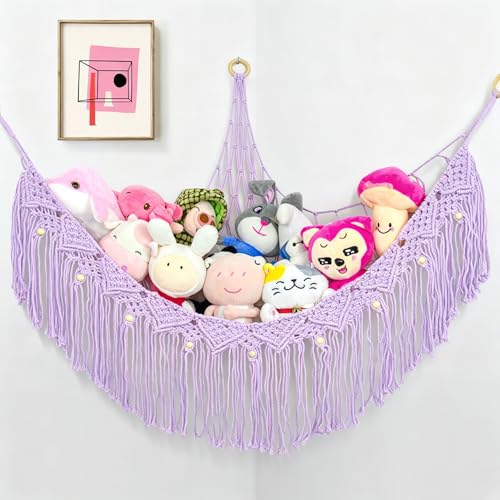 Stuffed Animal Hammock, Net for Stuffed Animals Corner Large, Toy Storage Hammock Plushie Net for Boho Kids Room Nursery Playroom - color: Purple