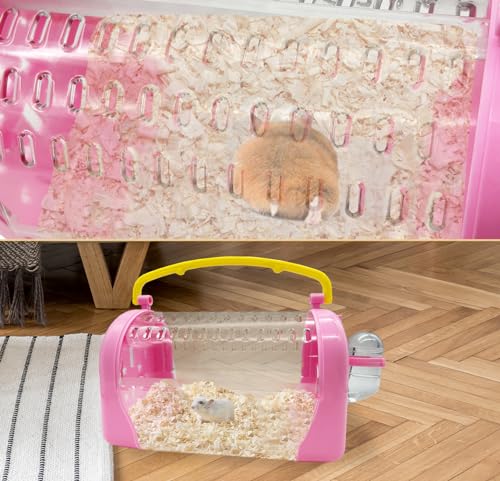 kathson Hamster Cage Travel Carrier Portable Cage with Water Bottle Outgoing Cage and Adjustable Strap Pet Cage for Small Pet Hedgehog Sugar Glider Squirrel Mice（Pink） - size: Pink