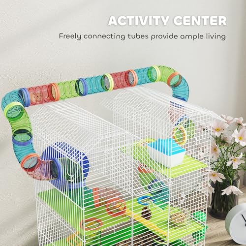 PawHut 18.5" 5 Tier Hamster Cage with Tubes and Tunnels, Green | Small Animal Cage, Rat Gerbil Habitat, Water Bottle, Food Dish, Exercise Wheel - color: Green