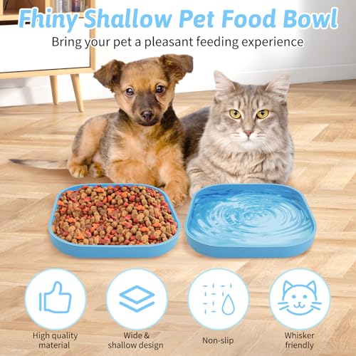 Fhiny 2PCS Silicone Cat Bowls Set 5.9 x 5.9 in Shallow Dog Dish Whisker Friendly Cat Food Plate for Dry & Wet Food Dishwasher Safe Non-Slip Pet Feeding Bowls for Kittens and Puppies (Blue) - color: Blue