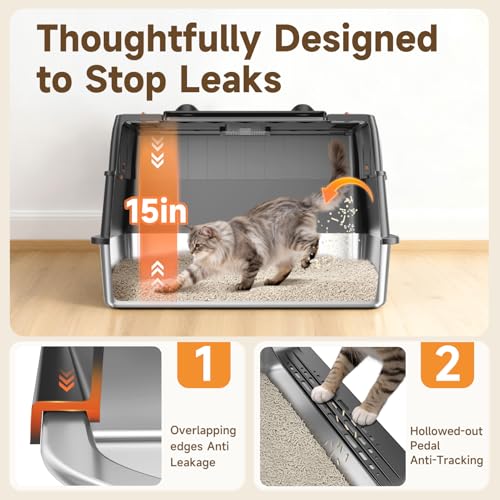 Stainless Steel Litter Box with Lid, High Sided Enclosed Metal Litter Box for Big Cats, Easy Cleaning Anti-Urine Leakage, Non-Sticky Cat Box, Front Entry Top Exit KittyBox, Includes Mat & Scoop