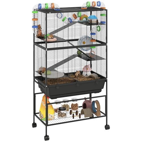 PawHut Large Hamster Cage with Deep Tray, 5 Tier for Syrian Gerbil Mouse | Rolling Rat Cage, Storage Shelf, Big Exercise Wheel, Tube System, Hut, Platforms, Ramps, Food Dish, Water Bottle - size: 32.3"L x 18.1"W x 59.1"H