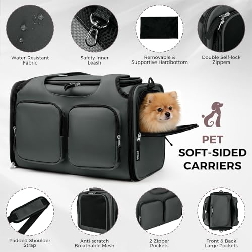 Dog, Cat Carrier for Pets Up to 12 Lbs, Airline Approved Collapsible Soft-Sided Pet Travel Bag with Locking Zippers, Breathable Mesh and 4 Large Pockets, Removable Fleece Pad (Dark Grey) - color: Dark Grey