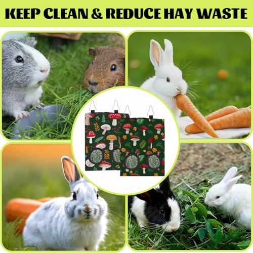 2Pcs 2 Styles Mushroom Hay Bag Feeder Guinea Pig Hay Bags with 2 Holes Mushroom Leaves Pattern Oxford Cloth Washable Rectangle Feeding Storage for Rabbit Chinchillas Hamsters 12 x 9 Inch - color: Mushroom