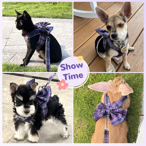 Cute Dog Harness and Leash Set with Bow Tie Soft Mesh Plaid Girl Puppy Harness No Pull Pet Cat Dog Vest Harness for Small Dogs Chihuahua Rabbit Outfit (Purple,XL) - color: Purple, size: XL(Chest 16"-18")
