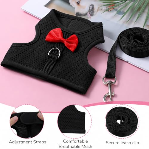 Bunny Harness and Leash Set Cute Bow Rabbit Leash Harness Set Escape Proof | Rabbit Vest Soft Breathable Mesh Walking Gear for Rabbits, Kittens, Ferrets, Guinea Pigs, Black, M