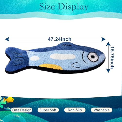 Fish Rug - Cute Fish Bath Mat Blue Bathroom Rugs Animal Pattern Fun Carpet, Non-Slip Plush Absorbent Bath Mats, Cool Carpet for Bedroom Living Room Shower Sink Bathtub Room Decor, 16"x 47"