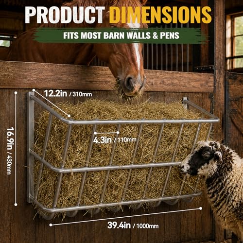 25 Gallon Wall Mount Hay Feeder, Metal Hay Rack for Goats and Horses | Galvanized steel, livestock feeding rack, barn stall feed holder, space-saving, rounded edges, easy install