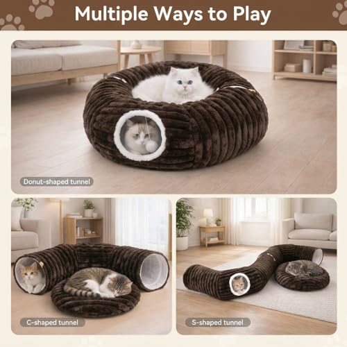 Dogpals Cat Tunnel Bed Cave 33" Lx10 Wx10 H for Indoor Cats (Coffee) | Washable Cozy Cushion, Soft Striped Plush Fabric, Hideaway Peekaboo Cave for Kittens, Puppies, Rabbits & Small Pets - color: Coffee