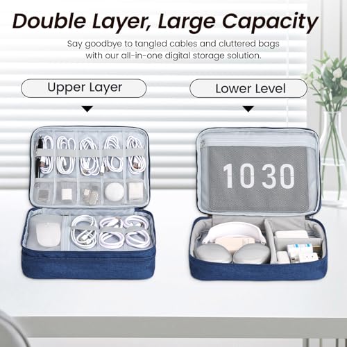 Electronic Organizer Travel Case, Double Layer Cable Organizer Bag | Double-layer design with adjustable dividers, mesh pockets and elastic loops for chargers, cables, power banks and gadgets - color: blue