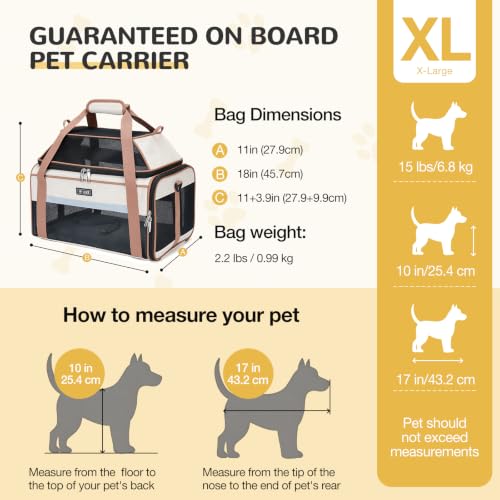 Lekereise Top-Expandable Pet Carrier 18x11x11Inch Delta American United Airline Approved Soft Sided Underseat to 15lbs Travel Carriers for Small Dogs Cats with Locking Safety Zippers Anti-Scratch Mesh - color: Khaki