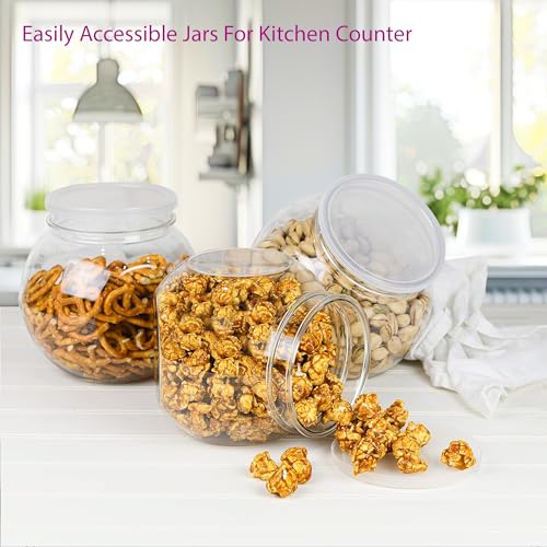 3 Pack Plastic Candy Jar - 48oz Round Candy Jars with Lids for Candy Buffet, Kitchen & Office Desk - Plastic Jars with Lids for Candy, Cookies & Snacks - Clear Jar with Labels BPA-Free