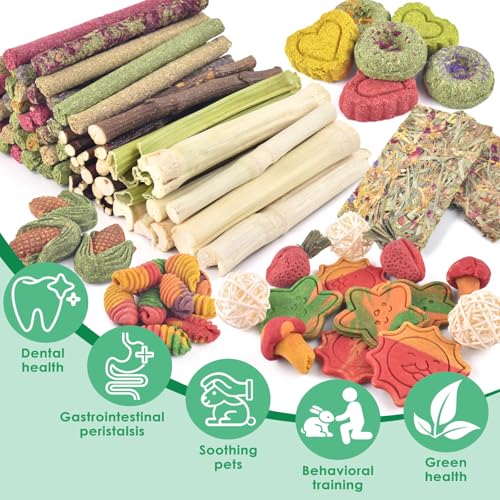 ERKOON 106PCS Bunny Chew Toys for Rabbits Teeth, Natural Rabbit Toys Apple Wood Sticks, Carrot, Timothy Grass Treats for Small Pets, Hamster, Chinchilla, Guinea Pig Dental Care and Treat Teething Toys - size: 106
